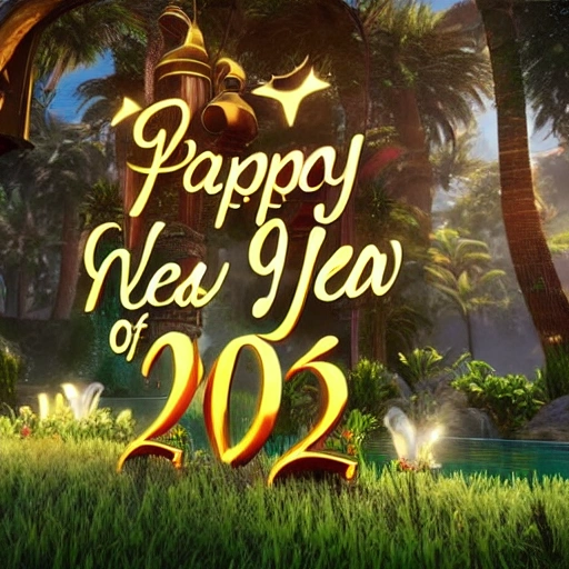 A vision of paradise, Unreal Engine, The word "HAPPY NEW YEAR" must come out, The word "2023" must come out