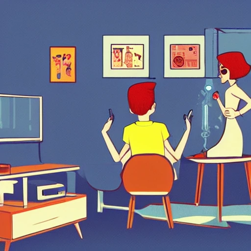 boy and girl relax in small bedroom apartment clutter  big tv , 50's illustration , cyberpunk , lofi color , smoking, 