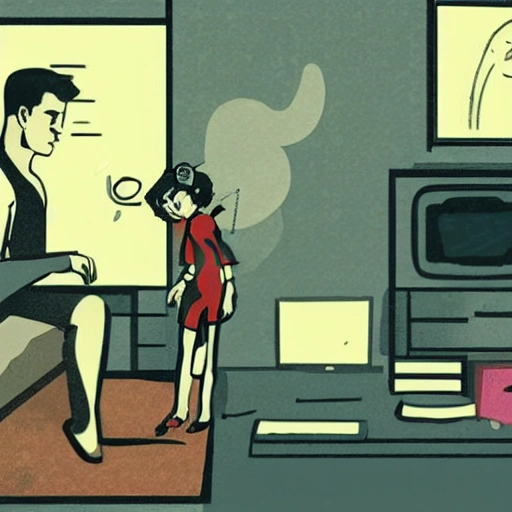 boy and girl relax in small bedroom apartment clutter  big tv , 50's illustration , cyberpunk , lofi color , smoking, , Pencil Sketch