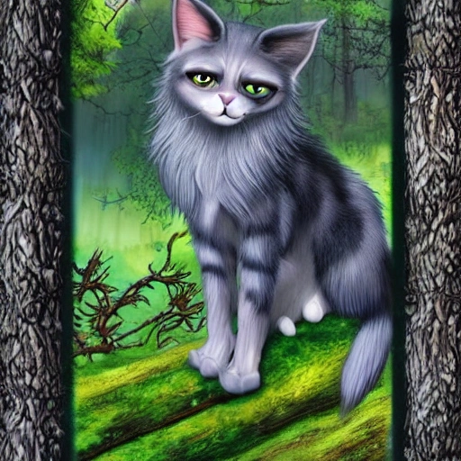 "Fantasy style portrait of a cat-dog hybrid with sleek, silver fur, perched atop a tree branch overlooking a beautiful, magical forest. The hybrid should have the body of a cat with long, slender legs and a fluffy tail, but the head of a dog with pointed ears and a snout. The hybrid should have piercing blue eyes that seem to glow in the moonlight. The image should be highly detailed and intricate, with smooth and sharp focus. Digital painting, Artstation, concept art, illustration."