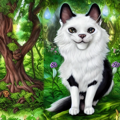 "Fantasy style portrait of a black and white cat-dog hybrid surrounded by a lush, enchanted forest. The hybrid should have the body of a cat with sleek, muscular legs and a fluffy tail, but the head of a dog with pointed ears and a snout. The hybrid should be perched atop a gnarled, ancient tree root, gazing out into the distance with piercing green eyes. The background should feature a variety of plants and flowers, with a small stream winding its way through the scene. The image should be highly detailed and intricate, with smooth and sharp focus. Digital painting, Artstation, concept art, illustration."



