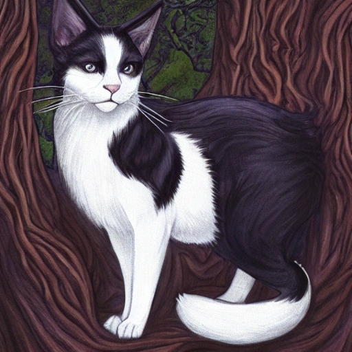"Fantasy style portrait of a black and white cat-dog hybrid surrounded by a lush, enchanted forest. The hybrid should have the body of a cat with sleek, muscular legs and a fluffy tail, but the head of a dog with pointed ears and a snout. The hybrid should be perched atop a gnarled, ancient tree root, gazing out into the distance with piercing green eyes. The background should feature a variety of plants and flowers, with a small stream winding its way through the scene. The image should be highly detailed and intricate, with smooth and sharp focus. Digital painting, Artstation, concept art, illustration."



