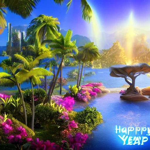 A vision of paradise, Unreal Engine, The word "HAPPY NEW YEAR" must come out, SAMSUNG STYLE