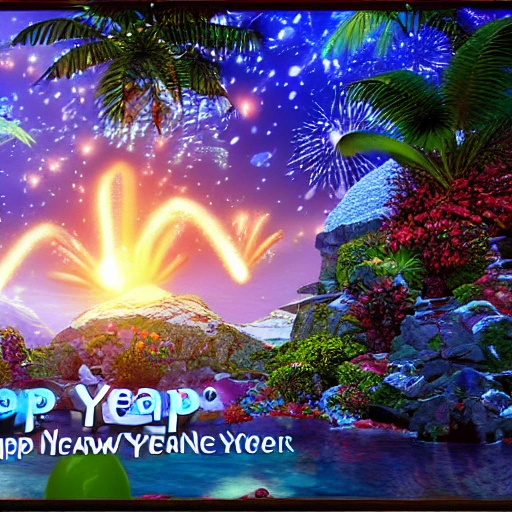 A vision of paradise, Unreal Engine, The word "HAPPY NEW YEAR" must come out, SAMSUNG STYLE, WINTER