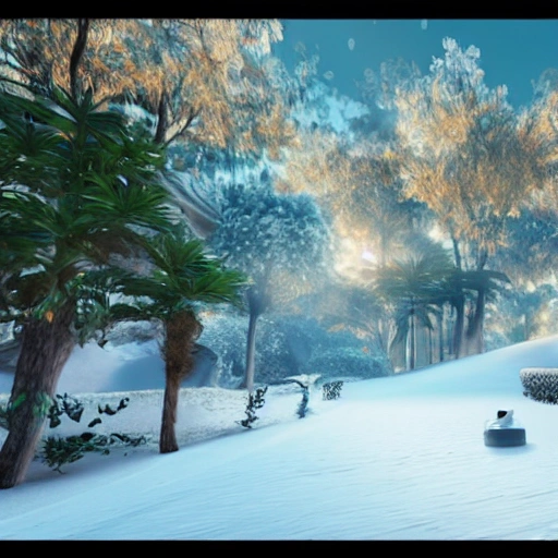 A vision of paradise, Unreal Engine, SAMSUNG Style, winter, snow, The word 2023 must come out,