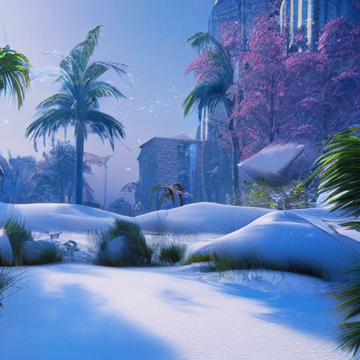 A vision of paradise, Unreal Engine, SAMSUNG Style, winter, snow, The word "HAPPY NEW YEAR" must come out,