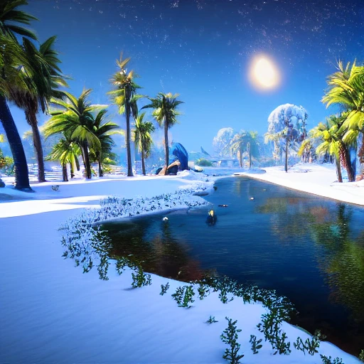 A vision of paradise, Unreal Engine, SAMSUNG Style, winter, snow, The word "Happy New Year" must come out