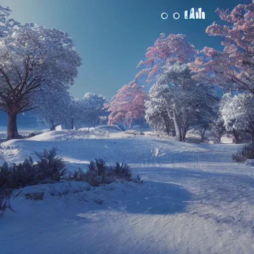 A vision of paradise, Unreal Engine, SAMSUNG Style, winter, snow, The word "AI" must come out, rising sun