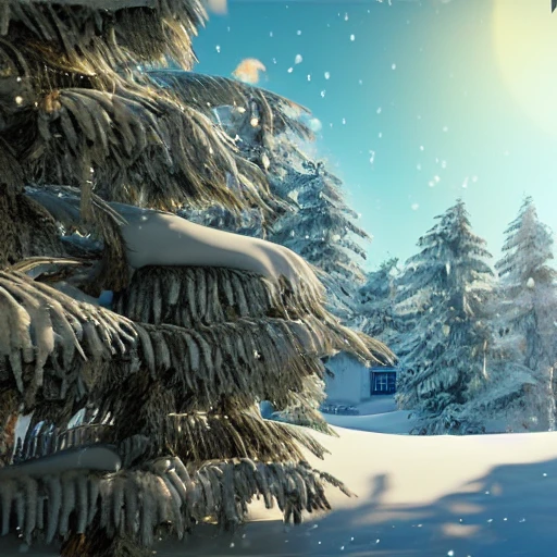 A vision of paradise, Unreal Engine, winter, snow, The word "SAMSUNG FINANCE AI CENTER" must come out, rising sun, new start