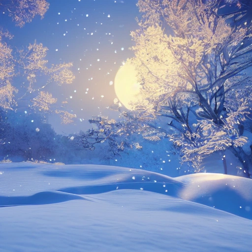 A vision of paradise, Unreal Engine, winter, snow, The word "NEW YEAR" must come out, rising sun, new start