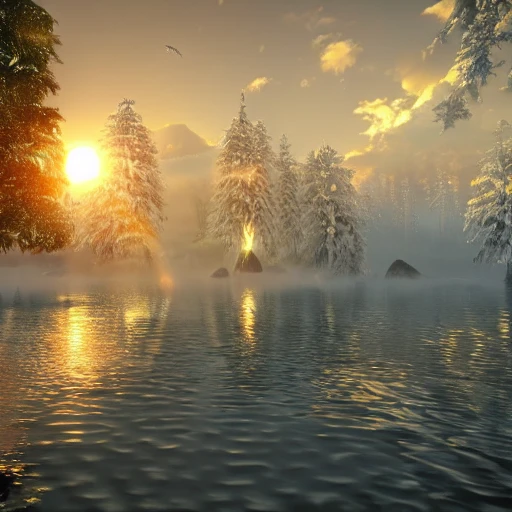 A vision of paradise, Unreal Engine, winter, The word "NEW YEAR" must come out, rising sun