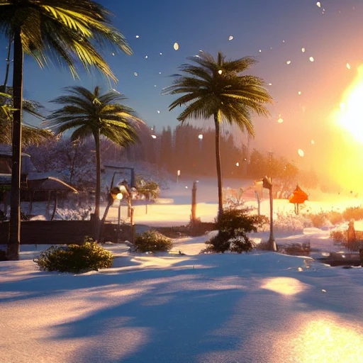 A vision of paradise, Unreal Engine, winter, The word "NEW YEAR" must come out, rising sun, samsung style, finance