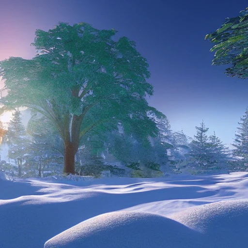 A vision of paradise, Unreal Engine, winter, The word "HAPPY NEW YEAR" must come out, rising sun, samsung style, finance