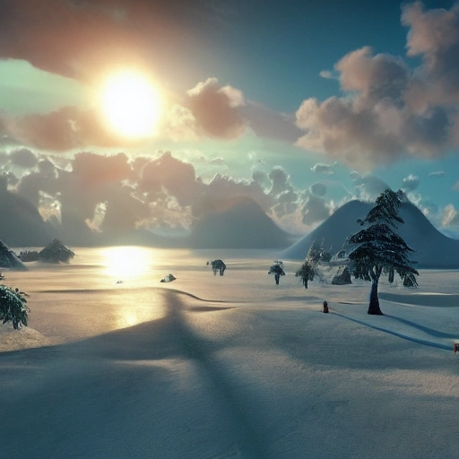 A vision of paradise, Unreal Engine, winter, rising sun, samsung style, Обязательно должна быть включена фраза «счастливый новый год».