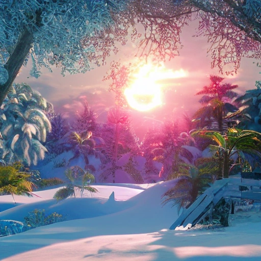 "Happy new year" must be included, A vision of paradise, Unreal Engine, winter, rising sun, samsung style