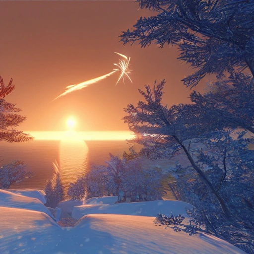 Must include the letter or word Happy new year, A vision of paradise, Unreal Engine, winter, rising sun, samsung style