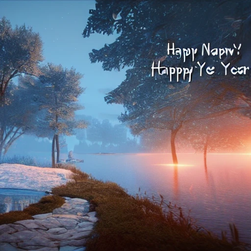 Must include the letter or word "Happy new year", A vision of paradise, Unreal Engine, winter, rising sun, samsung style