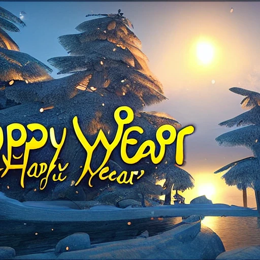 Must include the letter or word "Happy new year", A vision of paradise, Unreal Engine, winter, rising sun, samsung style