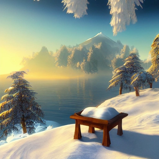 Must contain the letter or word Happy new year only once, A vision of paradise, Unreal Engine, winter, rising sun, samsung style