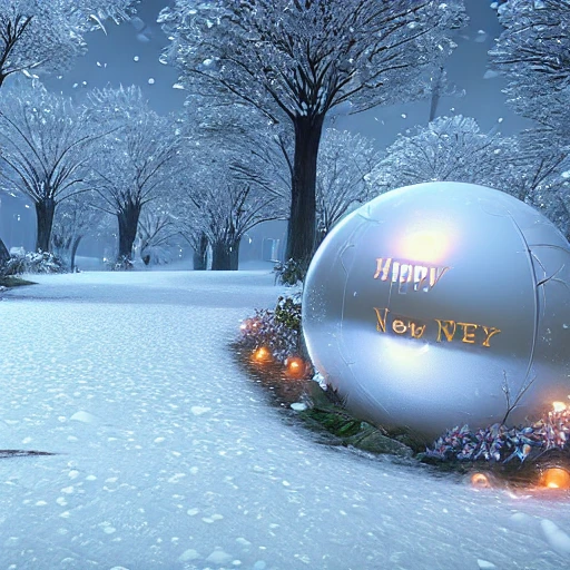 Must contain the letter or word "Happy new year" only once, A vision of paradise, Unreal Engine, winter, rising sun, samsung style