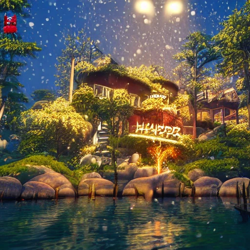 Must contain the letter or word " Happy new year " only once, A vision of paradise, Unreal Engine, winter, rising sun, samsung style