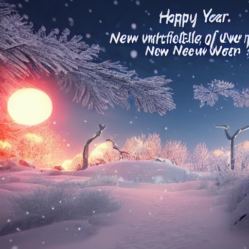 Must contain the letter or word " HAPPY NEW YEAR " only once, A vision of paradise, Unreal Engine, winter, rising sun, samsung style