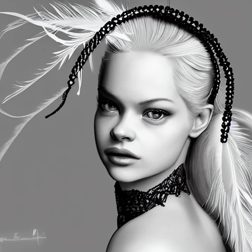 hyper realistic portrait of sexy Elsa Jean, having a feather cap, a choker and luxurious necklaces, slender and slim, perfect naked breast, detailed eyes, coherent symmetrical face, digital art, perfect anatomy, hyper detailed, highly intricate, concept art, award winning photograph, rim lighting, sharp focus, 8k resolution wallpaper, smooth, denoise