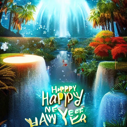 Must contain the letter or word " Happy New Year  " only once, A vision of paradise, Unreal Engine, winter, rising sun, samsung style