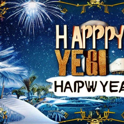 Must contain the letter or word " 2023 Happy New Year  " only once, A vision of paradise, Unreal Engine, winter, rising sun, samsung style