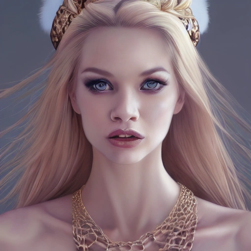 hyper realistic portrait of sexy Elsa Jean, having a feather cap, a choker and luxurious necklaces, slender and slim, perfect naked breast, detailed eyes, coherent symmetrical face, digital art, perfect anatomy, hyper detailed, highly intricate, concept art, award winning photograph, rim lighting, sharp focus, 8k resolution wallpaper, smooth, denoise