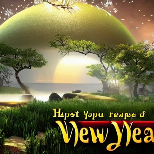 Must contain the letter or word " Happy new year " only once, A vision of paradise, Unreal Engine, winter, rising sun
