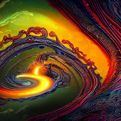 A close-up of a portal, with swirling, chaotic energy and hypnotic, psychedelic patterns, set against a dark and twisted landscape. The portal is unstable and dangerous, with strange and terrifying creatures emerging from its depths. Intricate, highly detailed, digital painting, artstation, concept art, smooth, sharp focus, horror, insanity, illustration.



