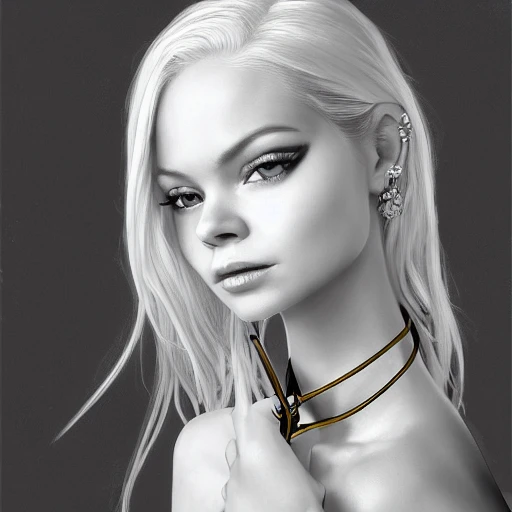 hyper realistic full body portrait of sexy Elsa Jean, having a choker and luxurious necklaces, slender and slim, perfect naked breast, detailed eyes, coherent symmetrical face, digital art, perfect anatomy, hyper detailed, highly intricate, concept art, award winning photograph, rim lighting, sharp focus, 8k resolution wallpaper, smooth, denoise