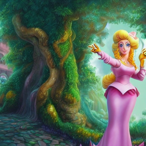 A full-body shot of Princess Peach, standing tall and proud, with her arms crossed over her chest and a determined expression on her face. Princess Peach is surrounded by lush, green gardens and a white, marble palace. Deep focus, fantasy, intricate, highly detailed, digital painting, artstation, matte, sharp focus, illustration, art by Magali Villeneuve and RK Post


