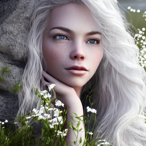closeup portrait of Elsa Jean, standing by a river in the spring season with flowers, pale kin, under god rays, windblown long grey wavy hair, perfect naked breast, detailed face, exact proportoin, soft cinematic lighting, muted colors, hyperrealistic, 8k, octane render,