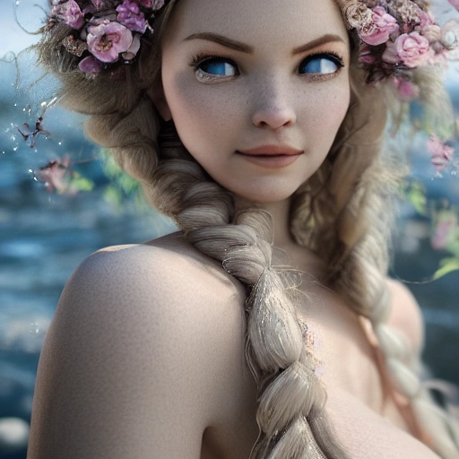 closeup portrait of Elsa Jean, standing by a river in the spring season with flowers, pale kin, under god rays, windblown long grey wavy hair, perfect naked breast, detailed face, exact proportoin, soft cinematic lighting, muted colors, hyperrealistic, 8k, octane render,