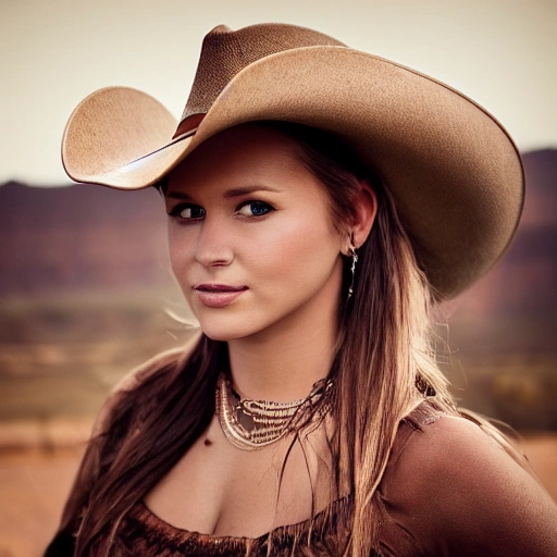 professional portrait photograph of gorgeous rancher girl, (((sultry flirty look))), nude, seductive, alluring, beautiful symmetrical face, cute natural makeup, (wearing brown cowboy hat), (wearing traditional clothing), confident pose, elegant, feminine, ((Utah landscape in background)), wild west, ultra realistic, character concept art, highly detailed, intricate, (sharp focus), 85mm, medium shot, mid shot, (centered image composition), ((professionally color graded)), ((bright soft diffused light)), volumetric fog, trending on instagram, trending on tumblr, hdr 4k, 8k