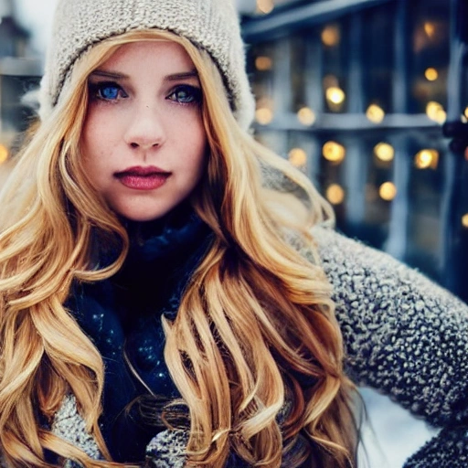 professional portrait photograph of a gorgeous Norwegian girl in winter clothing with long wavy blonde hair, ((sultry flirty look)), freckles, beautiful symmetrical face, cute natural makeup, wearing elegant winter fashion clothing, ((standing outside in snowy city street)), stunning modern urban upscale environment, ultra realistic, concept art, elegant, highly detailed, intricate, sharp focus, depth of field, f/1.8, 85mm, medium shot, mid shot, (centered image composition), (professionally color graded), ((bright soft diffused light)), volumetric fog, trending on instagram, trending on tumblr, hdr 4k, 8k