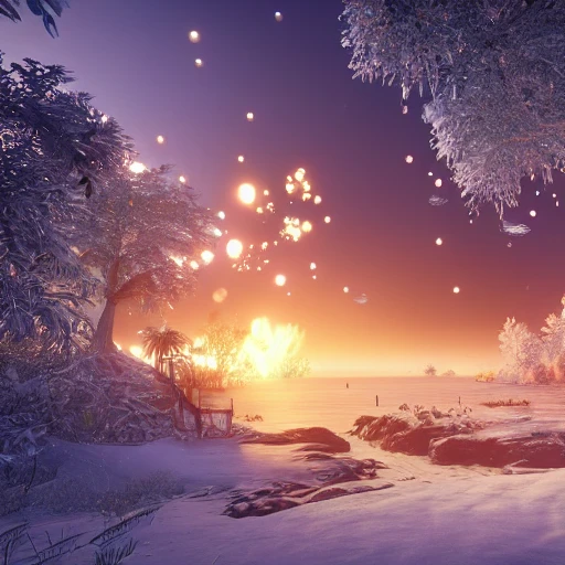 A realistic beautiful natural landscape, 4k resolution, hyper detailed, The word "HAPPY NEW YEAR" must come out, A vision of paradise, Unreal Engine, SAMSUNG Style, winter, snow