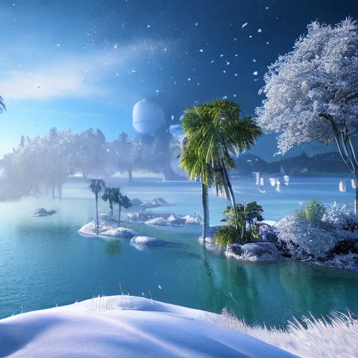 A realistic beautiful natural landscape, 4k resolution, hyper detailed, The word "HAPPY NEW YEAR" must come out, A vision of paradise, Unreal Engine, SAMSUNG Style, winter, snow