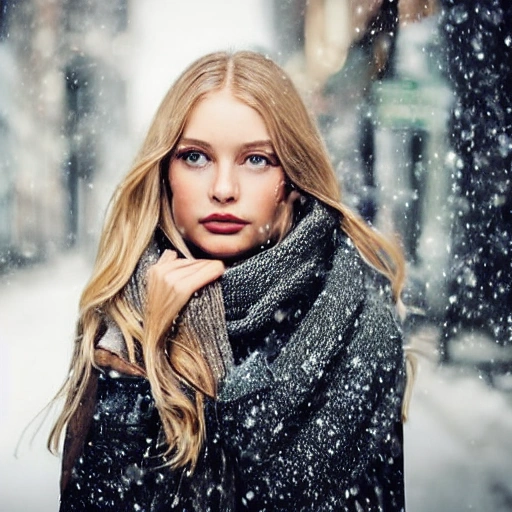 professional portrait photograph of a gorgeous Norwegian girl in winter clothing with long wavy blonde hair, sultry flirty look, (freckles), gorgeous symmetrical face, cute natural makeup, wearing elegant warm winter fashion clothing, ((standing outside in snowy city street)), stunning modern urban environment, ultra realistic, concept art, elegant, highly detailed, intricate, sharp focus, depth of field, f/1.8, 85mm, medium shot, mid shot, (((professionally color graded))), bright soft diffused light, (volumetric fog), trending on instagram, hdr 4k, 8k
