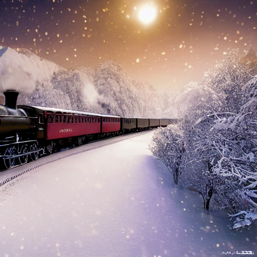 steam train driving through the snow, the polar express, scenic landscape, stunning environment, dusk, ultra detailed, octane render, ultra detail, intricate detail, volumetric lighting, vivid colours, photorealistic, photography, lifelike, high resolution, digital art, ultra wide angle lens, aerial view, elevated view, wallpaper --ar 3:2 --v 4, dark academy