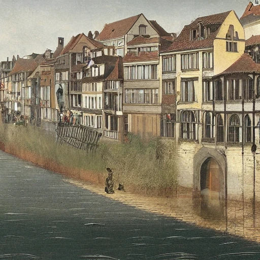 A sereen image in the streets of  a Belgian city  built on a hill by the shores of a lake, with houses all verandas one above the other, and high streets whose railed parapets look out to the water.  , 3D