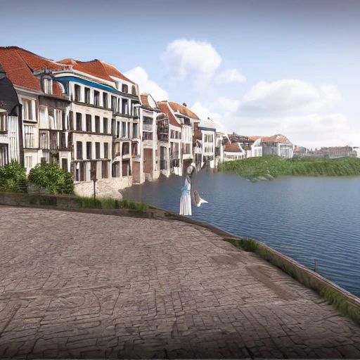 A sereen image in the streets of  a Belgian city  built on a hill by the shores of a lake, with houses all verandas one above the other, and high streets whose railed parapets look out to the water.  , 3D, Unreal Engine, Octane Render, coherent 