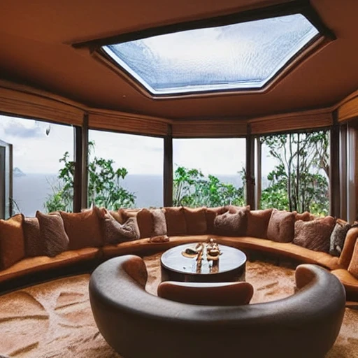 This cozy living room on a spaceship features a large, hexagon-shaped window that offers a stunning view of the Amazon below. The furniture is warm and inviting, with a plush sofa and armchair upholstered in a rich, burgundy fabric. A wooden coffee table sits at the center of the room, and a few potted plants add a touch of greenery. A cozy fireplace, complete with a faux stone marble and a flickering LED flame, adds a touch of warmth and comfort. A few framed photos of the earth and the stars hang on the walls, adding a personal touch , 3D