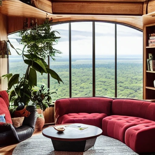 This cozy living room on a spaceship features a large, hexagon-shaped window that offers a stunning view of the Amazon below. The furniture is warm and inviting, with a plush sofa and armchair upholstered in a rich, burgundy fabric. A wooden coffee table sits at the center of the room, and a few potted plants add a touch of greenery. A cozy fireplace, complete with a faux stone marble and a flickering LED flame, adds a touch of warmth and comfort. A few framed photos of the earth and the stars hang on the walls, adding a personal touch ,  sharp focus, photorealistic, unreal engine 5
 