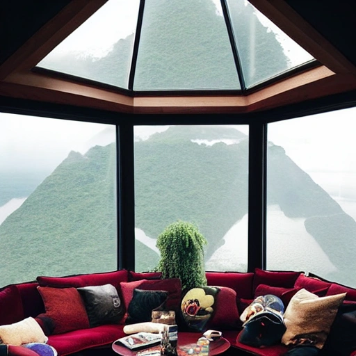 This cozy living room on a spaceship features a large, hexagon-shaped window that offers a stunning view of the Amazon below. The furniture is warm and inviting, with a plush sofa and armchair upholstered in a rich, burgundy fabric. A wooden coffee table sits at the center of the room, and a few potted plants add a touch of greenery. A cozy fireplace, complete with a faux stone marble and a flickering LED flame, adds a touch of warmth and comfort. A few framed photos of the earth and the stars hang on the walls, adding a personal touch ,  sharp focus, photorealistic, unreal engine 5, albert bierstadt
 