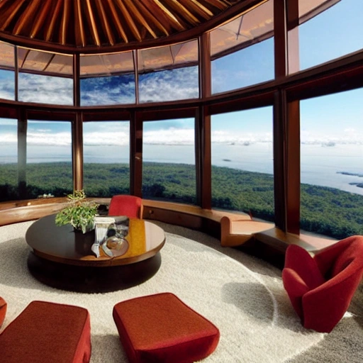 This cozy living room on a spaceship features a large, hexagon-shaped window that offers a stunning view of the Amazon below. The furniture is warm and inviting, with a plush sofa and armchair upholstered in a rich, burgundy fabric. A wooden coffee table sits at the center of the room, and a few potted plants add a touch of greenery. A cozy fireplace, complete with a faux stone marble and a flickering LED flame, adds a touch of warmth and comfort. A few framed photos of the earth and the stars hang on the walls, adding a personal touch ,  sharp focus, photorealistic, unreal engine 5, edward hopper
 , 3D