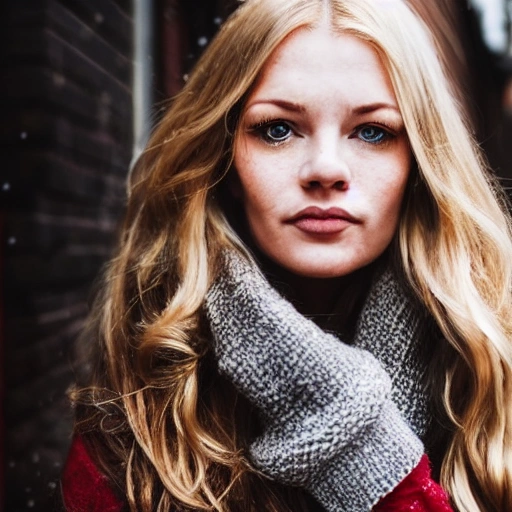 professional portrait photograph of a gorgeous Norwegian girl in winter clothing with long wavy blonde hair, ((sultry flirty look)), freckles, beautiful symmetrical face, cute natural makeup, wearing elegant winter fashion clothing, ((standing outside in snowy city street)), stunning modern urban upscale environment, ultra realistic, concept art, elegant, highly detailed, intricate, sharp focus, depth of field, f/1.8, 85mm, medium shot, mid shot, (centered image composition), (professionally color graded), ((bright soft diffused light)), volumetric fog, trending on instagram, trending on tumblr, hdr 4k, 8k, Pencil Sketch