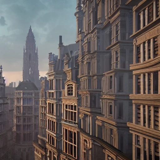 04.	Brussels centre art nouveau skyscrapers, Unreal Engine 5, Coherent, 8k resolution, HD, Beautiful Lighting, Warm Color Palette , Realistic, 3D Render, , by Caspar David Friedrich , Dramatic, sharp focus